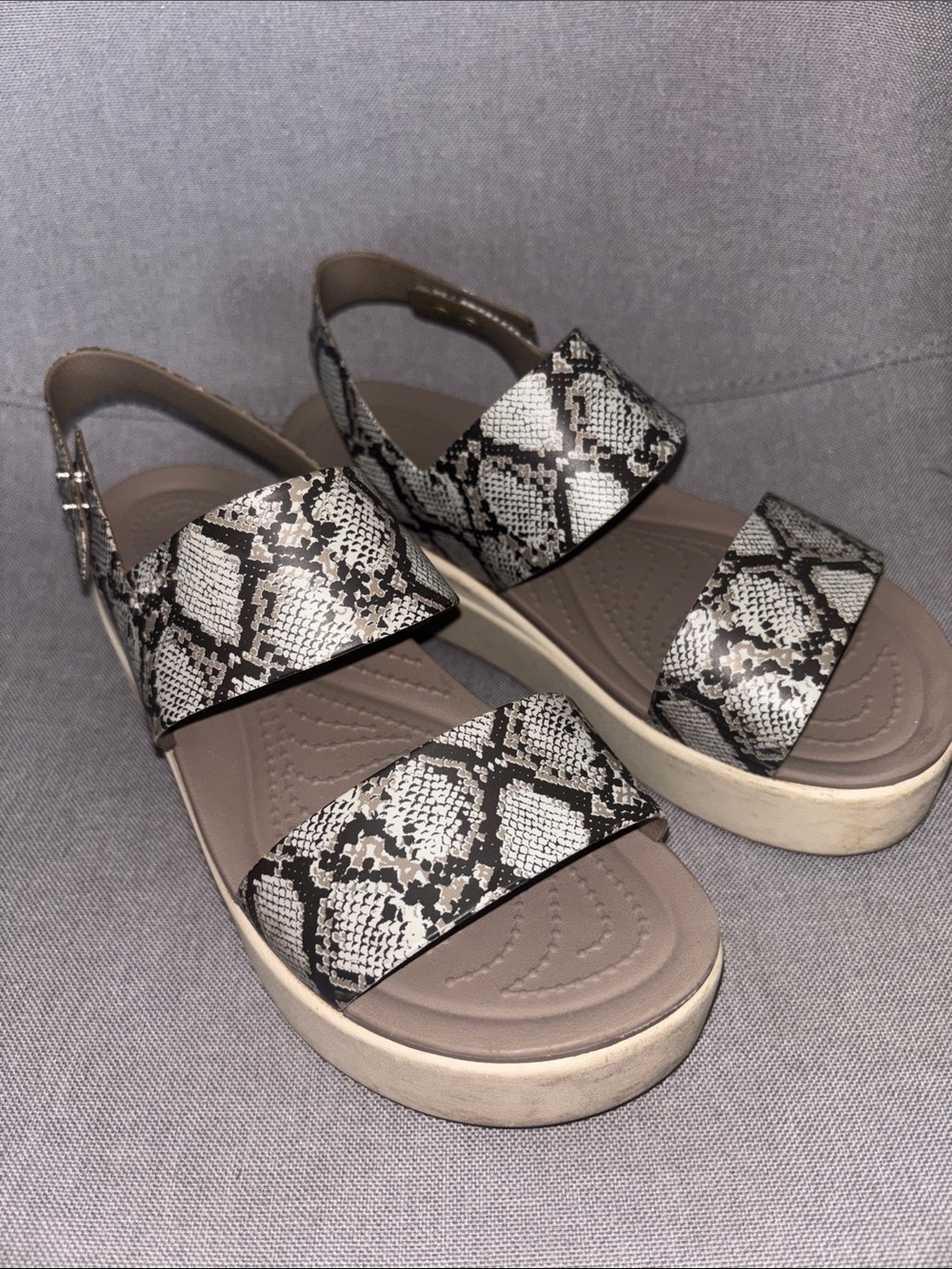 CROCS Snake Print Platform Wedge Sandals in Black and Cream